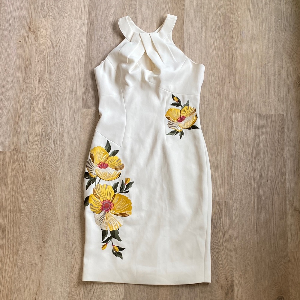 Karen Millen White Embroidered Floral Sheath Dress | Halter Neck Occasion Dress
